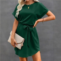 Lunivop Women's Short Sleeve Dress - Round Neck Self-Tie Belt Loose-Fit Casual Mini Dress