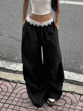 Lunivop Vintage Lace Patchwork Pants Women Y2k Streetwear Low Rise Wide Leg Trousers Korean Fashion Casual Black Baggy Pants