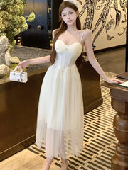 Lunivop White Mesh Patchowrk Lace Diamonds Chic Sling Dress for Women Summer Elegant Luxury Dress Gown 2025 Korean Vintage Evening Dress