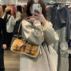 Lunivop Retro Lamb Patchwork Brown Shoulder Bag Women Vintage Pocket Chic Y2k Handbag Female Hot Girls Casual Underarm Bag 2025