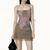 Lunivop Moda Summer French Harajuku Sling Short Dress Y2k Aesthetic All Match Bow Print Women Cloth French Slim Mesh Zip Up Dresses