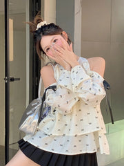 Lunivop Sweet Off Shoulder Shirt Women Long Sleeve Bow Print Loose Blouse Korean Fashion Hollow Out Elegant Female Chic Spring Tops