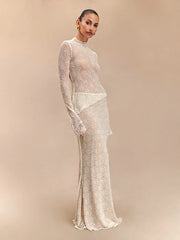 Lunivop Sexy See Through Lace Women Skirt Sets Black Long Sleeve T-shirt Long Skirt Female Autumn Skinny Elegant Two Piece Sets