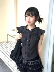 Lunivop Subculture Y2k Aesthetics Pleated Tshirt Grunge Gothic Skull Print T-Shirts Gothic 2000s Tops O-neck Blouses Japanese Harajuku