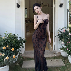 Lunivop Retro Floral White Lace Mermaid Long Dresses for Women Summer Fashion Sexy Backless Spaghetti Strap Split Party Prom Dress