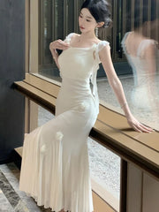 Lunivop Fashion Slim Wasit Bodycon Evening Women Dresses New Flying Sleeve Korean Sexy Elegant Mesh Solid Flowers Mermaid Dress