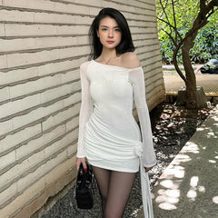 Lunivop See Through Floral Pattern Ruched Asymmetrical Long Sleeve Elegant Dress Y2K Streetwear Korean Casual Clothing