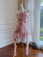 Lunivop New Floral Ruffle 3D Flower Decoration Cute Women Dress Halter Neck Backless Sleeveless Short Dresses Female