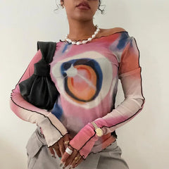 Lunivop Autumn new round neck pullover long sleeve mesh printing off the navel European and American women's top T-shirt