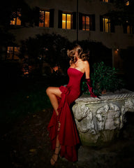Lunivop Burgundy Strapless Mermaid Satin Prom Evening Dresses Split Ruffled Party Dress Formal Night Cocktail Gowns Saudi Arabia Custom