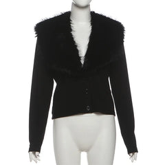 Lunivop Women Fashion Furry Collar Patchwork Ribbed Cardigans Sexy V Neck Long Sleeve Single Breasted Slim Casual Coats Streetwear Tops