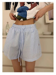 Lunivop Y2k Striped Shorts for Women Harajuku Blue Baggy Elastic Waist Short Pants Korean Style Casual Fashion Retro Shorts