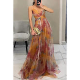 Lunivop Women‘s Fashion Spring Autumn New Mesh Floral Print Beautiful Party Dress ladies Halter Dress INS Holiday Casual Long Dress