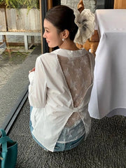 Lunivop Back Lace Hollow Out Shirt Women Elegant Fashion Long Sleeve Design Blouse Korean Sweet Slim Sexy Patchwork Lady White Tops