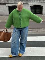 Lunivop Bow Lace Up O-neck Women's Tweed Jackets Casual Long Sleeved Coats For Woman Autumn Winter Elegant Short Green Outwear Tops