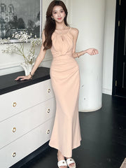 Lunivop New Pink Pleated Bodycon Sling Sexy Long Dress Women Korean Vintage Luxury Dress Summer Elegant Festival Party Night Dress