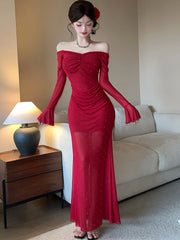 Lunivop Spring Summer Red Mesh Diamonds Polka Dot Dress Women Long Sleeve Elegant Luxury Dress Gown Korean Vintage Bodycon Vestidos