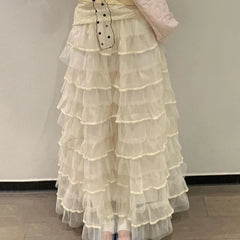 Lunivop Fairycore Sweet Cake Skirts Women Kawaii Korean Style Ruffle Long Skirt Elegant Cutecore High Waist Mesh Layered Skirt