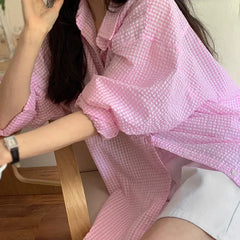 Lunivop Korean Women's Shirt Sunscreen Long Sleeves Shirt Summer Women's Loose Casual Single Breasted Turndown Collar Plaid