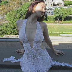 Lunivop Lace Halter Deep V Backless Ruffles Tassel Beach Women'S Dresses Elegant Party Club Y2K Ladies Korean Clothes