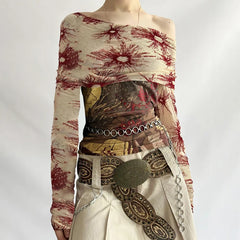 Lunivop Vintage Mesh See Through Cropped Top y2k Aesthetic Floral Print Slash Neck Long Sleeve T-Shirts Women Retro Fashion Tees