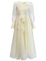 Lunivop Solid Mesh Flower Spliced Dresses For Women Round Neck Long Sleeve Thin Female Elegant Dress 2025 Autumn New