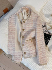 Lunivop Pink Women Sweet Tweed Jacket Vintage Long Sleeve Slim O Neck Coat Korean Fall Winter Retro Small Fragrance Elegant Tops