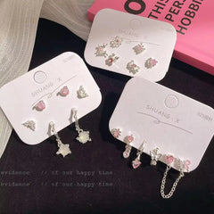 Lunivop 6Pcs/Set Heart Flower Butterfly Chain Pendant Earrings Women's Korean Fashion Y2K Pink Crystal Love Earrings Piercing for Ears