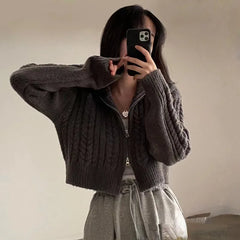 Lunivop Harajuku Sweet Double Zipper Tops Womnen Y2k Vintage Crop Top Sweaters Mujer Long Sleeve Loose Knitted Cardigan