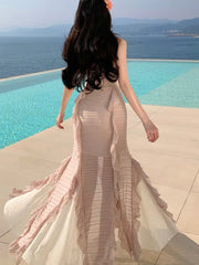 Lunivop Sexy Spaghetti Strap Ruffle Slim Evening Long Dresses Elegant Fairy Beach Woman Clothing Summer Holiday Vestidos Cocktail Robe