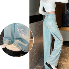 Lunivop French pink flower embroidered jeans women spring and autumn new high waist fashion slim wide-leg pants embroidered straight