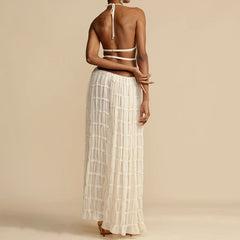 Lunivop Women Boho Sexy Backless Matching Suit 2 Piece Beach Holiday Outfits Vintage Ruched Halter Cami Tops + Maxi Long Skirt Party