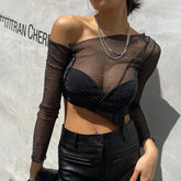 Lunivop Solid Color Sparkly Hollow Mesh Slant Shoulder Irregular Collar Sexy Women Crop Top