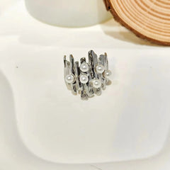 Lunivop New Fashion Geometric Irregular Stainless Steel Pearl Rings for Women Retro Versatile Open Adjustable Rings Party Jewelry Gift