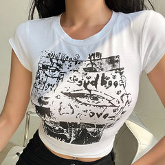 Lunivop 90s Black Goth Harajuku Vintage Streetwear Print Short Sleeve T-shirts Y2K Fashion Cute Baby Tees Summer E-girl Crop Tops Slim