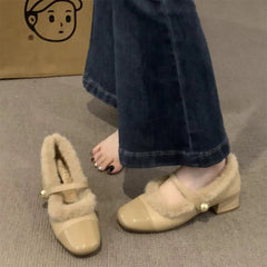 Lunivop Square Toe Women Plush Mary Jane Shoes Fashion Shallow Ladies Casual Soft Pumps New Women's Warm Comfort Thick Sole Shoes