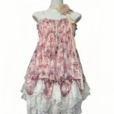 Lunivop Vintage Harajuku Lace Pleated Drastring Sling Dress Y2k Japanese Sweet Lolita Cute Flower Print Puffly Dresses Punk Girl Clothes