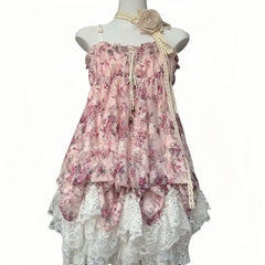 Lunivop Vintage Harajuku Lace Pleated Drastring Sling Dress Y2k Japanese Sweet Lolita Cute Flower Print Puffly Dresses Punk Girl Clothes