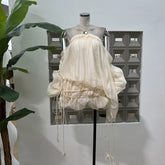 Lunivop Fashion Women Dress Full Sleeve Tassel Lace Folds Puff Drawstring Neck Shoulder Baring Female Party Dress New Tide