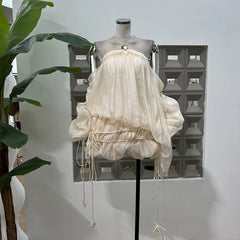 Lunivop Fashion Women Dress Full Sleeve Tassel Lace Folds Puff Drawstring Neck Shoulder Baring Female Party Dress New Tide