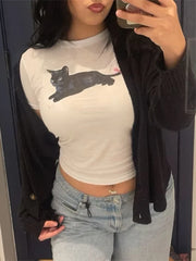 Lunivop Cat With Bow Preppy Baby Tee Coquette Clothing 90s Style Short Sleeve Tee For Women Aesthetic Clothing Cat lover Top Y2k T-shirt