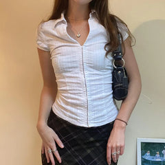 Lunivop Women Zipper Shirts Elegant Fashion Summer Turn Down Collar Short Sleeve Solid Casual Crop Tops y2k White Slim Blouse