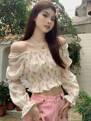 Lunivop Floral Sweet Cropped Shirt Women Sexy Slim Long Sleeve Elegant Blouse French Vintage Square Collar Casual Off Shoulder Tops