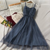 Lunivop Chic Fashion Women Summer Elegant Temperament High Waist Slim Gauze Camisole Dresses Vintage All Match Solid