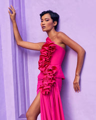 Lunivop Rose Red Satin Mini Prom Party Dress Handmade Flowers Ruffles Short Cocktail Gowns Pretty Side Train Homecoming Dresses