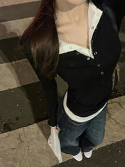 Lunivop Black Basic Fake Two Piece Women T-Shirts Long Sleeve Solid Color Korean Fashion Tees Harajuku Inner Bottoming Slim Sexy