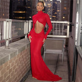 Lunivop Sexy Cut Out Backless Red Party Dress Women Elegant Luxury Turtleneck Long Sleeve Maxi Dresses Evening Gown