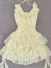 Lunivop Slim Sweet Ruffles Dress Women Fashion 3D Floral Casual Elegant Mini Dress Summer Sexy Sleeveless Lady Yellow Cake Vestidos