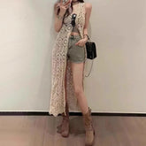 Lunivop Longline Crochet Cardigan Button Front Sleeveless Sheer Open-knit Long Cover-up Jacket Women Summer Beach Vacation Outfit