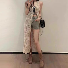 Lunivop Longline Crochet Cardigan Button Front Sleeveless Sheer Open-knit Long Cover-up Jacket Women Summer Beach Vacation Outfit
